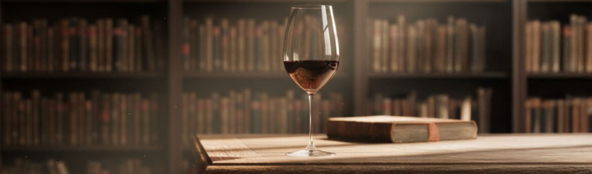 Vinho tinto com biblioteca ao fundo