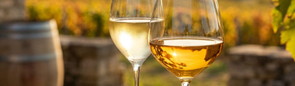 Uma fotografia sofisticada e cinematográfica em close de duas taças distintas de vinho Chardonnay