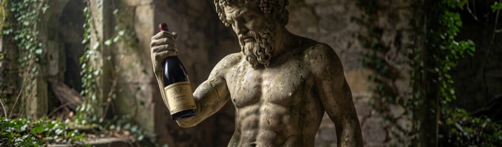 Deus Baco segurando uma garrafa do vinho Louis Jadot.