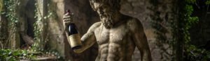 Deus Baco segurando uma garrafa do vinho Louis Jadot.