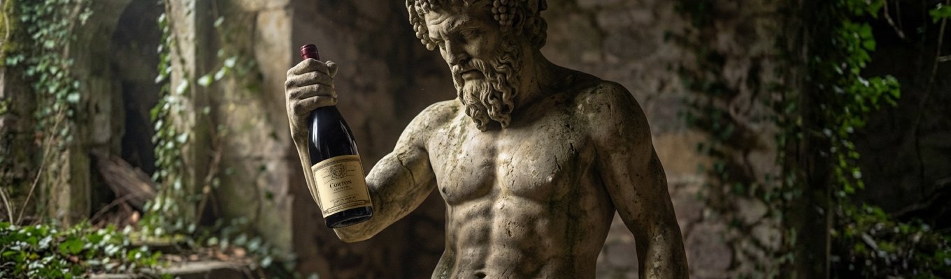 Deus Baco segurando uma garrafa do vinho Louis Jadot.