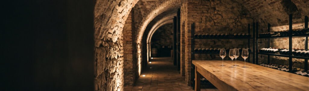 Corredor de adega medieval com abóbadas de pedra e tijolo, mesa de carvalho com taças e estantes de garrafas na penumbra