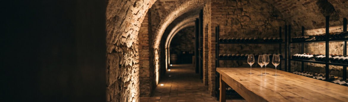 Corredor de adega medieval com abóbadas de pedra e tijolo, mesa de carvalho com taças e estantes de garrafas na penumbra