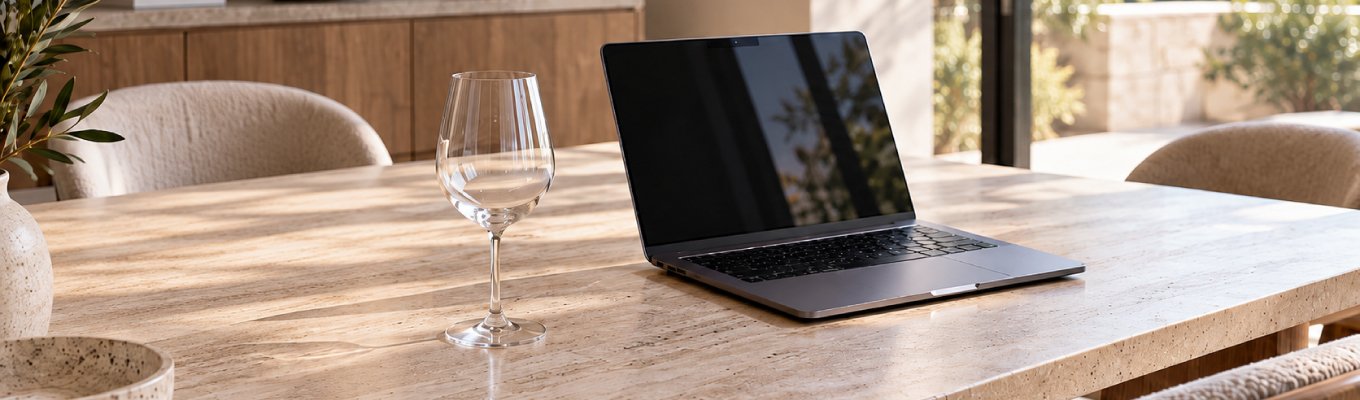 Mesa de travertino com um notebook fechado de lado, uma taça de vinho vazia e um vaso de oliveira ao fundo, com luz dourada entrando por uma janela que mostra colinas verdes