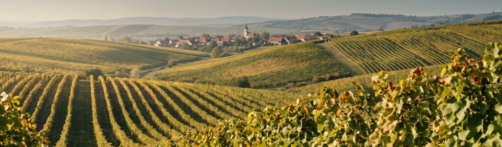 Colinas de vinhedos no sul da Morávia no fim da tarde, com cachos de uva escura em primeiro plano e um vilarejo ao fundo