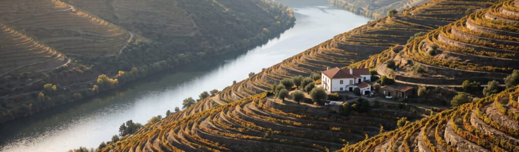 Vinhedos em socalcos descendo até o rio no Vale do Douro, sob a luz dourada do fim de tarde no outono