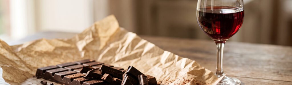 Pedaços de chocolate amargo sobre papel pardo ao lado de uma taça de vinho do Porto Ruby
