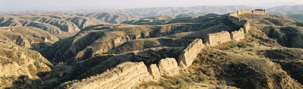 Trecho erodido de muralha antiga de terra batida atravessando colinas secas no norte da China
