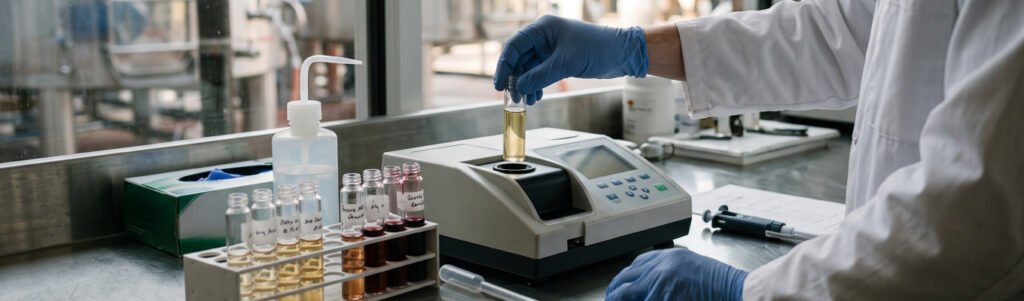 Técnico de laboratório analisa amostras de vinho e mosto com equipamentos científicos em uma vinícola.
