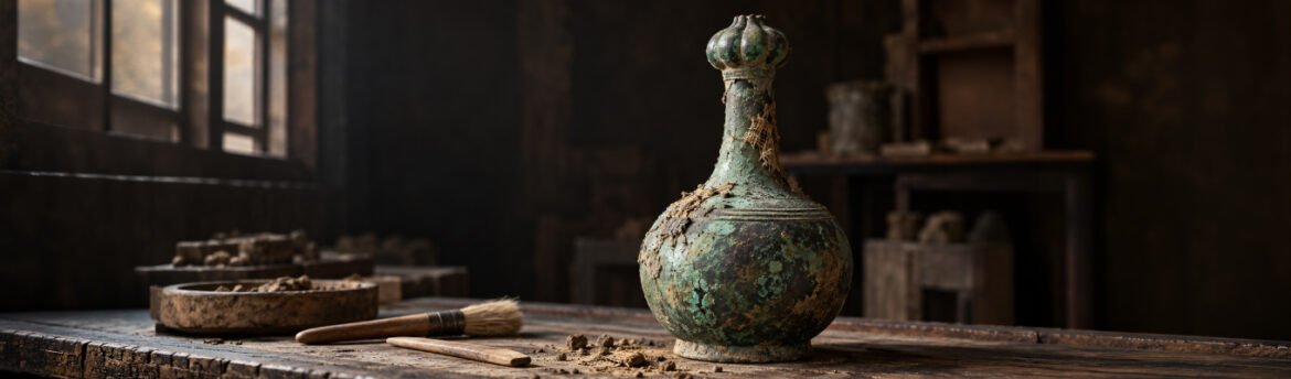 Recipiente de bronze antigo com gargalo em formato de cabeça de alho, coberto de pátina verde, sobre mesa de laboratório