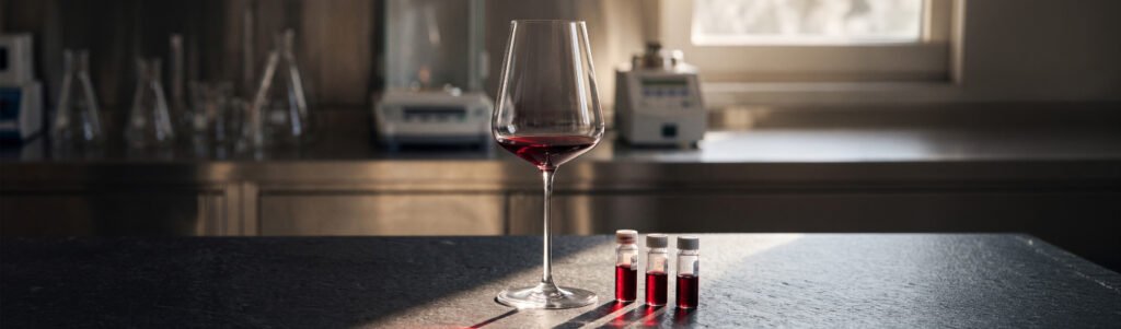 Taça de vinho tinto e amostras de laboratório representam a análise científica da qualidade do vinho.