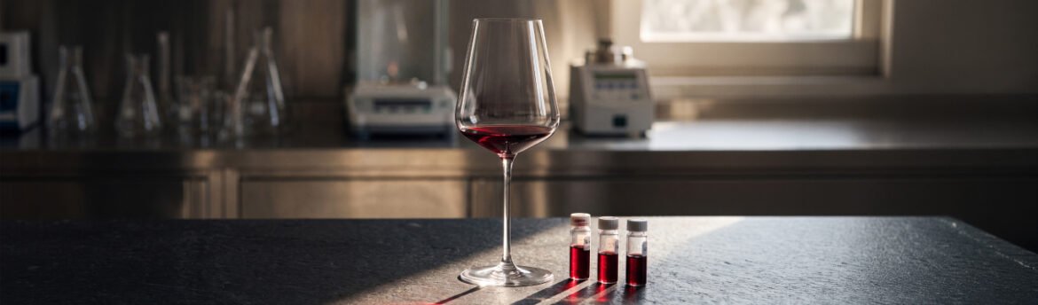 Taça de vinho tinto e amostras de laboratório representam a análise científica da qualidade do vinho.