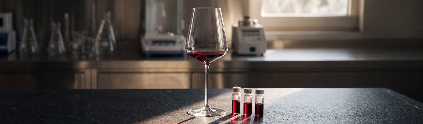 Taça de vinho tinto e amostras de laboratório representam a análise científica da qualidade do vinho.