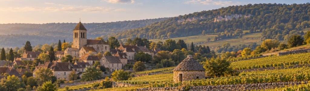 Vinhedos divididos por muros de pedra na Route des Grands Crus, na Borgonha, a rota mais antiga da França