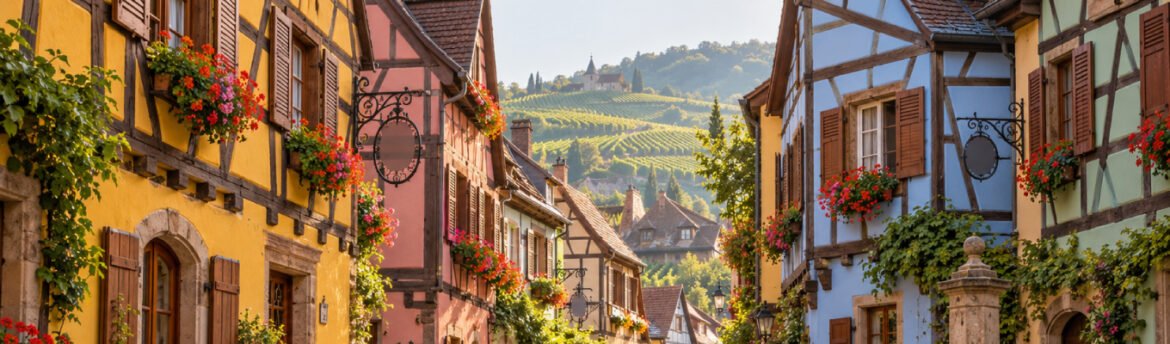 Street-level view of a cobblestone lane in a small wine village in Alsace, France, lined on both sides by tall half-timbered houses painted in mustard yellow, raspberry pink, powder blue and mint green, with dark wooden beams forming geometric patterns on the facades. Every window has wooden shutters and overflowing boxes of red and pink geraniums. Wrought-iron signs hang from the walls without readable text, and a small stone fountain with flowers stands at a widening of the lane, which curves gently into the distance toward a glimpse of vineyard-covered hills. Early summer morning, soft directional light entering from the end of the lane, the cobblestones still slightly damp and catching the light. No people, no readable text. Eye-level shot, 35mm lens, f/5.6, natural perspective that pulls the eye down the lane. Palette of saturated pastel facades, dark timber brown, geranium red, fresh green and warm stone gray. Editorial travel photography style, natural colors, subtle film grain, charming and quiet mood. 16:9 aspect ratio, horizontal composition with the house facades framing both sides, the lane receding toward the center and the fountain on the right third.
